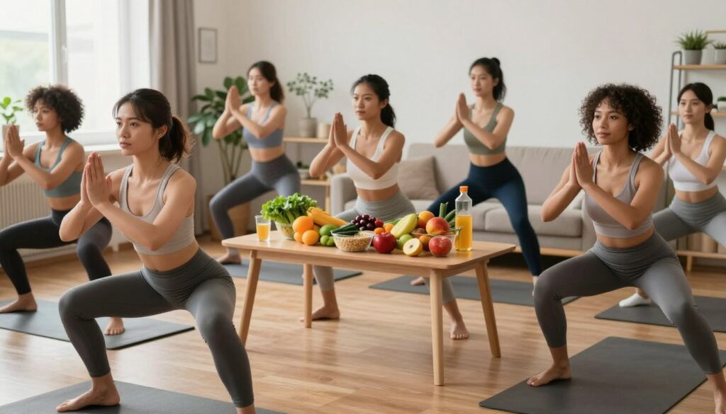 A balanced composition illustrating the role of diet in body shaping. In the foreground, a diverse group of women in modest athletic wear engaged in a home workout, showcasing various exercises like squats, lunges, and stretches. Their determined expressions highlight commitment to fitness. In the middle, a table filled with colorful, healthy foods, such as fresh fruits, vegetables, and whole grains, emphasizing nutrition's importance. The background shows a cozy, well-lit living room, complete with plants and motivational decor. Soft natural light filters through a window, creating a warm and inviting atmosphere. The image conveys empowerment and motivation, focusing on a healthy lifestyle and the impact of diet on physical appearance.