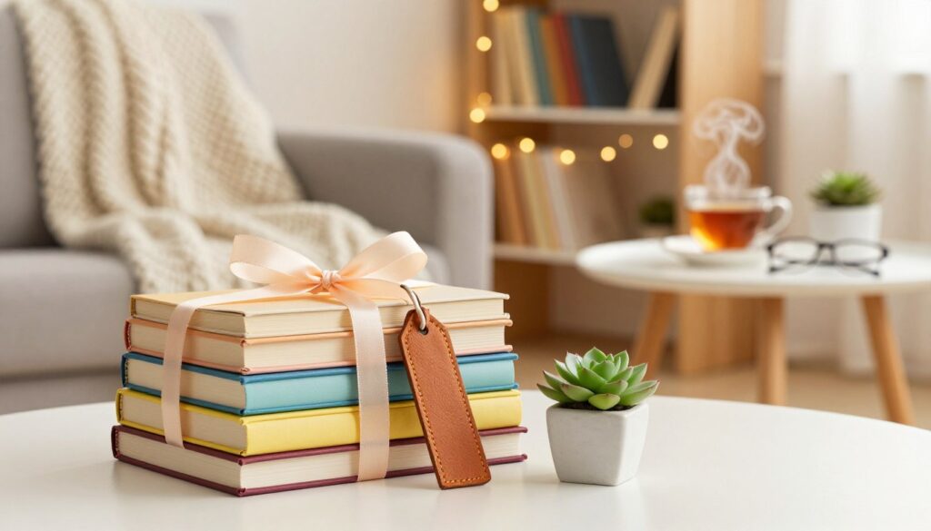 A beautifully arranged birthday gift for a book lover, featuring a stack of colorful, hardbound books tied with a delicate ribbon in the foreground. Next to the books is an elegant, handcrafted leather bookmark and a small potted succulent, adding a touch of greenery. The middle ground includes a cozy armchair draped with a soft knitted blanket, and a side table with a steaming cup of tea and reading glasses. In the background, a warm, softly-lit living room with a bookshelf filled with more books and fairy lights twinkling creates a welcoming atmosphere. The lighting is warm and inviting, giving the scene a cheerful and thoughtful vibe, showcasing a perfect gift for a birthday celebration.