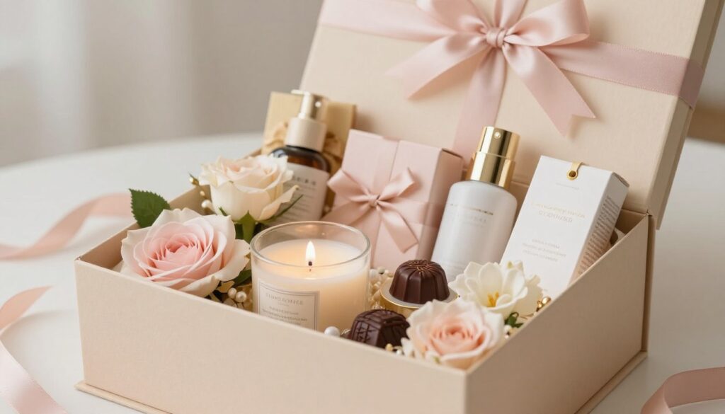 A beautifully arranged gift box set against a soft, neutral background that emphasizes its aesthetic appeal. In the foreground, the gift box is filled with an assortment of elegant items: delicate flowers, fragrant candles, artisan chocolates, and luxurious skincare products, all carefully placed to create a harmonious color palette of pastel pinks, creams, and golds. The middle ground features subtle decorative elements, such as ribbons and gift tags, enhancing the visual storytelling. The background is softly blurred to keep the focus on the arrangement, infused with warm, natural lighting that creates a cozy, inviting atmosphere. Capture the essence of thoughtful gifting, conveying a sense of care and elegance, ensuring it resonates with the theme of aesthetics in gift preparation.