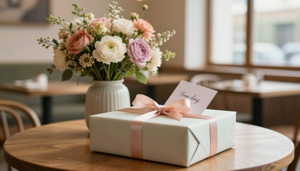 A beautifully arranged gift for a woman's name day, featuring an elegant gift box wrapped in soft pastel colors with delicate ribbons. In the foreground, the box is adorned with a small, personal touch such as a handwritten card peeking out. The middle ground displays an exquisite bouquet of seasonal flowers, artistically arranged in a stylish vase, enhancing the sophistication of the scene. The background showcases a softly blurred, warm interior setting, such as a cozy living room or a charming café, illuminated by gentle, natural light filtering through a window. The mood conveys warmth and thoughtfulness, inviting viewers to embrace the idea of giving a personal and elegant gift.