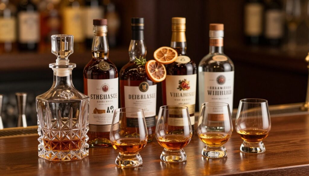 A beautifully arranged gift set for a connoisseur of spirits, featuring a high-quality crystal decanter, four elegant whiskey glasses, and an assortment of premium bottles, including aged whiskey, fine rum, and artisan gin. The foreground captures the intricate details of the decanter and glasses, glinting softly in warm, ambient light. The middle ground showcases the assortment of bottles, each labeled elegantly, with some garnished with dried citrus and herbs for a decorative touch. In the background, a rich wooden bar surface adds depth, while a softly blurred bottle of bitters hints at cocktail-making sophistication. The atmosphere is warm and inviting, ideal for a refined evening, evoking a sense of luxury and celebration. Use shallow depth of field to emphasize the foreground objects, creating an elegant and romantic mood.
