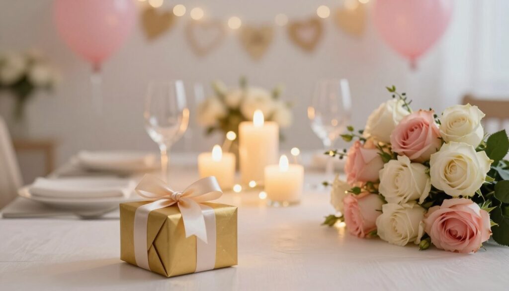 A beautifully arranged table set for a romantic anniversary celebration. In the foreground, a small gift box wrapped in elegant gold and white paper with a satin ribbon, alongside a bouquet of fresh roses in soft pink and white hues. The middle ground features a candlelit centerpiece with glowing candles and decorative fairy lights, creating a warm and intimate atmosphere. In the background, a softly blurred view of a festive indoor setting, adorned with subtle decorations like heart-shaped balloons and twinkling lights. The lighting is soft and warm, giving the scene a cozy and loving feel. A gentle bokeh effect enhances the romantic mood, making it perfect for an anniversary gift theme.