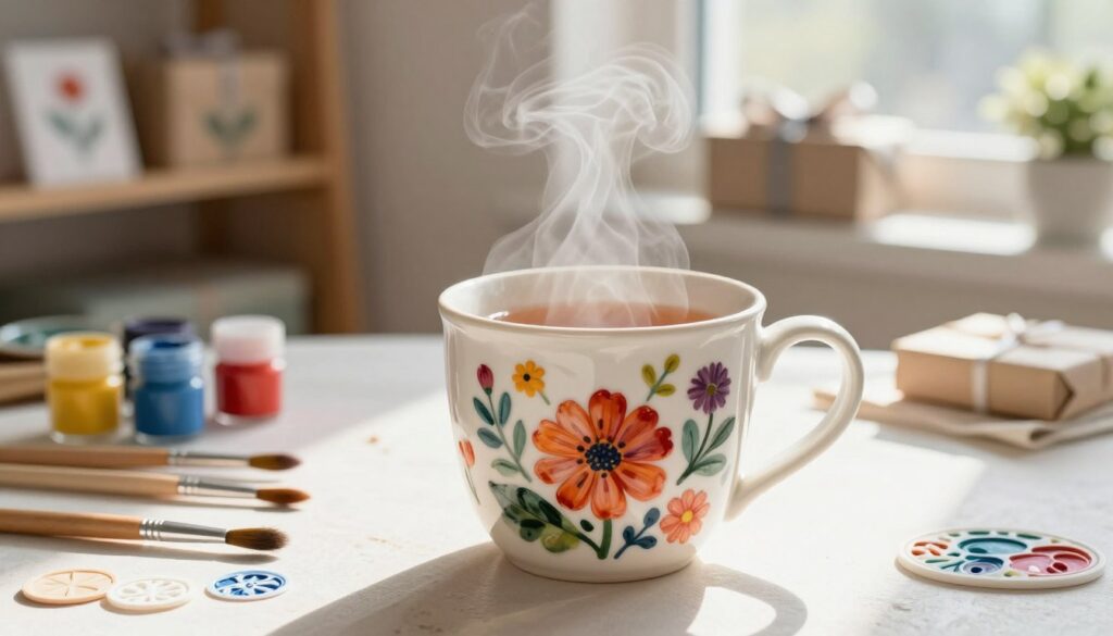 A beautifully crafted DIY mug sits prominently in the foreground, showcasing intricate hand-painted floral designs in vibrant colors. The mug is filled with freshly brewed tea, steam gently rising from the surface, adding warmth to the scene. In the middle ground, a cozy crafting area is depicted, with various art supplies scattered around, such as brushes, paint pots, and stencils, creating a sense of creativity and personalization. Soft, natural light streams through a nearby window, casting gentle shadows and highlighting the textures of the materials. The background features a blurred view of a serene home setting, complete with shelves adorned with completed handmade gifts, evoking a warm, inviting atmosphere. The mood conveys a feeling of love, thoughtfulness, and the joy of giving personalized presents.