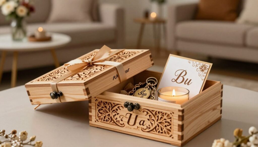 A beautifully engraved wooden gift box sits prominently in the foreground, showcasing intricate patterns and personalized initials. The box is slightly open, revealing thoughtful gifts inside, such as a custom keychain, a beautifully wrapped candle, and a handmade card. In the middle ground, soft, warm lighting highlights the texture of the wood and engraved details, creating an inviting atmosphere. The background features a softly blurred setting of a cozy living room, with a small table adorned with rustic flowers and delicate decor. The mood is heartfelt and personal, emphasizing the joy of giving a unique, tailored gift. The angle is slightly above, capturing both the details of the gift box and the warm ambiance of the environment.