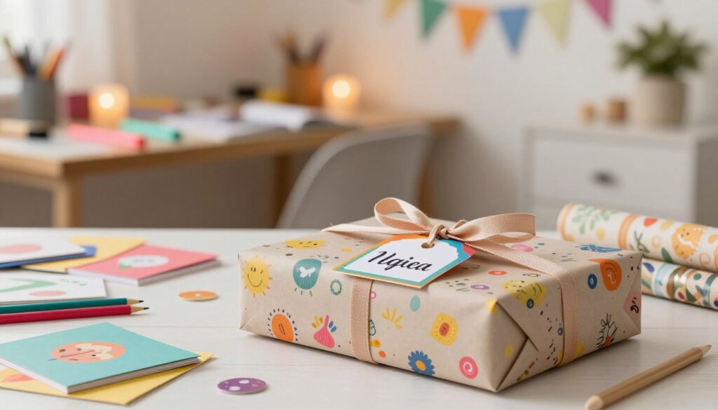 A beautifully wrapped gift box sits prominently in the foreground, adorned with a vibrant, personalized name tag and unique decorations that symbolize individual preferences, like hobbies and interests. Surrounding the gift, a neatly arranged array of colorful stationery, including greeting cards and wrapping materials, express the idea of customization. In the middle ground, there is a softly blurred workspace with warm ambient lighting, showcasing a creative process with crafting tools and materials, suggesting a cozy atmosphere. In the background, a well-lit room subtly decorated for a celebration enhances the festive feel of the scene. The overall mood is inviting and cheerful, evoking a sense of thoughtfulness and excitement in giving personalized gifts, captured with a soft focus lens to create an intimate yet vibrant composition.