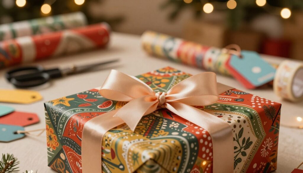A beautifully wrapped gift box sits prominently in the foreground, showcasing a vibrant mix of textured wrapping paper adorned with elegant patterns. A luxurious satin ribbon bows gracefully around the box, reflecting warm ambient light. In the middle ground, artfully designed gift-wrapping supplies like scissors, tape, and colorful gift tags are neatly arranged, hinting at the creative process behind the presentation. The background features a softly blurred festive setting, perhaps a cozy living room with twinkling fairy lights and hints of seasonal decor, creating a warm and inviting atmosphere. The lighting is soft and warm, accentuating the heartfelt nature of gift-giving. This scene evokes excitement and joy, perfect for illustrating thoughtful and attractive gift presentation techniques.