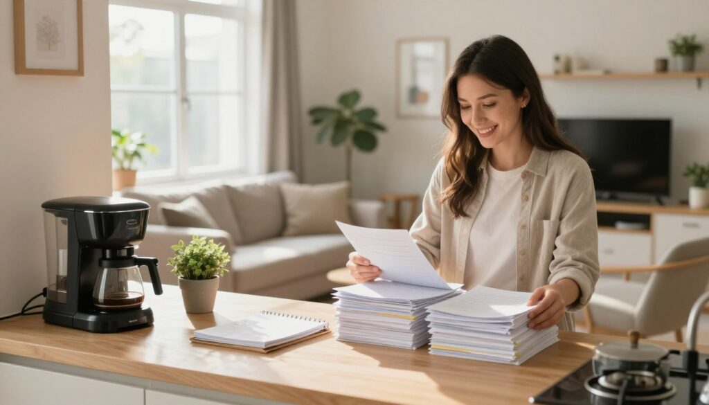 A bright and inviting home interior scene showcasing practical support for daily tasks. In the foreground, a well-organized kitchen counter features essential items like a coffee maker, a planner, and a small indoor plant. In the middle, a cozy living room with a comfortable sofa and warm lighting, where a woman in modest casual clothing is happily sorting through a stack of neatly organized papers. A large window in the background allows natural light to stream in, creating a cheerful atmosphere. Soft shadows enhance depth, while a slightly blurred background adds focus to the main action. The overall mood is productive and uplifting, highlighting the importance of having practical support in everyday life.