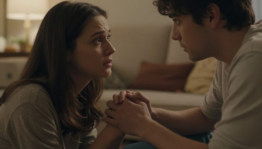 A close-up scene of two people in a warm, intimate setting that portrays emotional proximity, emphasizing the longing for connection. The foreground features their hands intertwined softly, reflecting vulnerability. In the middle, the couple gazes into each other's eyes with expressions of tenderness and concern, dressed in modest casual clothing. The background shows a cozy living room with dim, soft lighting, perhaps from a nearby lamp, creating a serene and inviting atmosphere. The overall mood is one of nostalgia and a yearning for closeness, capturing the essence of emotional disconnect in relationships. Use a shallow depth of field to highlight the couple while gently blurring the surroundings, adding to the intimate feel of the image.