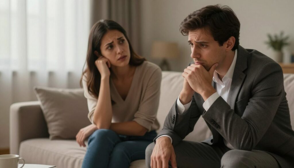 A concerned couple engaged in a deep conversation in a cozy, warmly lit living room. The foreground features a man in professional business attire, looking worried and thoughtful, with his hands resting on his knees. The middle ground shows a woman in modest casual clothing, gazing at him with a mix of empathy and concern. Their expressions convey anxiety over the fear of not satisfying each other emotionally and physically. The background is softly blurred to maintain focus on the couple, with soft light filtering through sheer curtains, creating an intimate atmosphere that emphasizes the seriousness of their discussion. The overall mood is one of vulnerability and introspection, highlighting the complexities of intimacy in relationships.