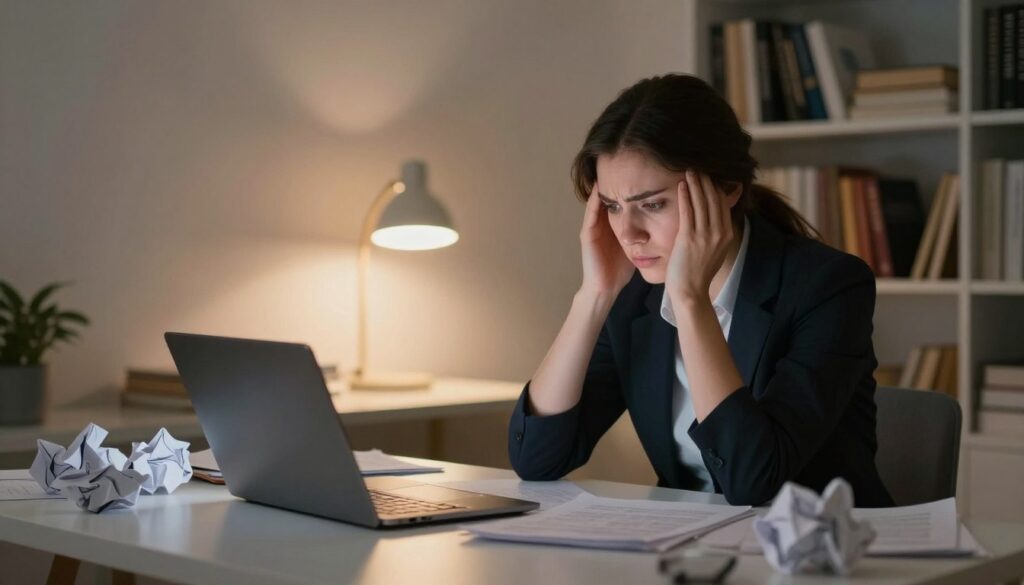 A contemplative scene depicting a professional individual sitting at a modern desk, surrounded by scattered notes and a laptop, signifying the chaos of overthinking. The foreground features crumpled papers and a pensive expression on the person’s face, indicating deep thought and stress. In the middle, a soft glow from a desk lamp casts warm light, contrasting with the shadows playing on the walls, enhancing the mood of introspection. The background shows a cluttered bookshelf filled with psychology books, symbolizing the quest for understanding and clarity. Use a soft focus effect to create an atmospheric feel, evoking a sense of solitude and the struggle to find peace amid overwhelming thoughts. Capture this scene in natural lighting to emphasize the emotional weight of overthinking.