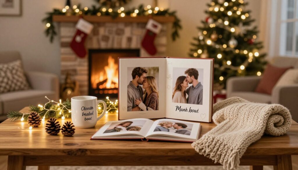 A cozy and inviting scene showcasing a beautifully arranged personalized gift set for parents. Foreground: a stylish wooden table featuring a carefully curated assortment of custom items, including engraved mugs, a personalized photo album, and a hand-made knitted scarf. Middle: warm holiday decorations such as twinkling fairy lights and pinecones, creating an intimate atmosphere. Background: a softly lit living room with a rustic fireplace, adorned with Christmas stockings and a glowing tree. The lighting is warm, enhancing the feelings of love and nostalgia. The mood is heartwarming and festive, emphasizing the unique and thoughtful nature of personalized gifts.
