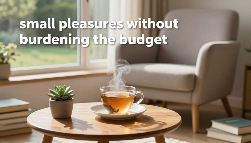 A cozy and inviting scene that captures "small pleasures without burdening the budget." In the foreground, a simple wooden table is adorned with a steaming cup of herbal tea, a small potted succulent, and a slice of homemade cake on an elegant plate. In the middle ground, a comfortable, stylish armchair is placed beside a window with soft, natural light filtering in, casting gentle shadows. A stack of books lies on the floor, hinting at relaxation and leisure. In the background, a softly blurred view of a serene garden can be seen through the window, suggesting tranquility and peace. The mood is warm, uplifting, and inspiring, evoking a sense of self-care and contentment. The scene should be artistically framed to enhance the inviting atmosphere.