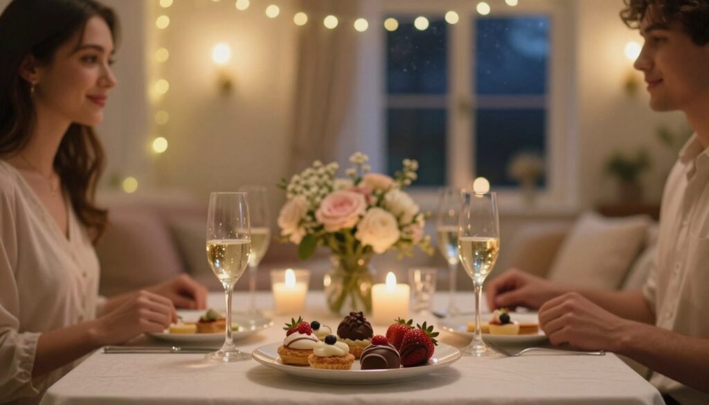 A cozy, elegantly set dinner table for two, adorned with soft candlelight casting a warm glow across the scene. In the foreground, a beautifully arranged dessert plate features delicate pastries and chocolate-covered strawberries, surrounded by sparkling wine flutes. The middle ground showcases a softly blurred view of a romantic setting, with gentle floral centerpieces and plush seating, while twinkling fairy lights hang overhead. In the background, an intimate ambiance is created by dim wall sconces and a softly lit window revealing a starry night sky. The overall mood is dreamy and romantic, inviting viewers to experience the sweetness of a shared moment. Use a shallow depth of field for a soft focus effect, enhancing the warm, inviting atmosphere.