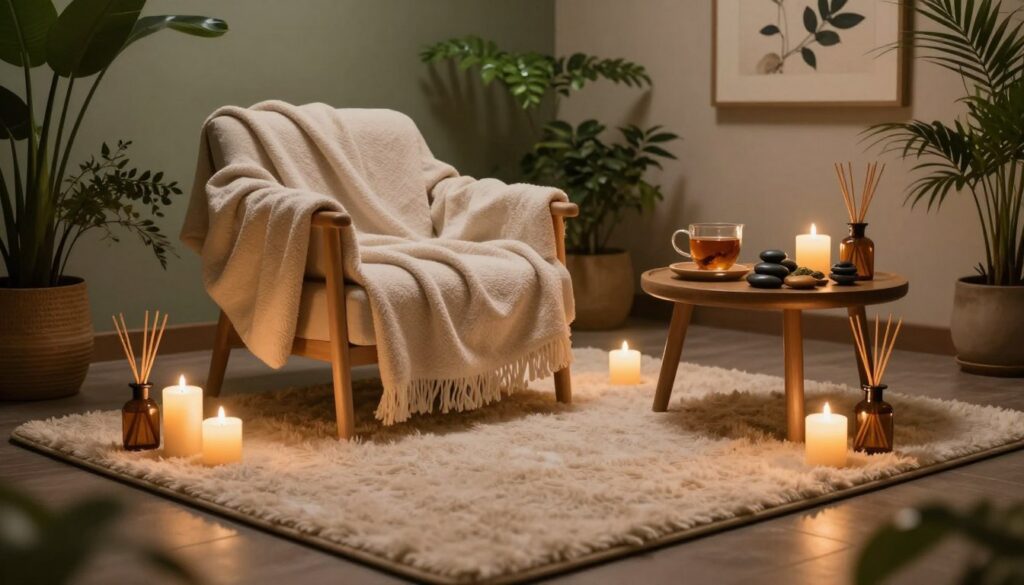 A cozy home spa setting designed for relaxation, featuring a softly illuminated room filled with soothing light. In the foreground, a plush floor mat with neatly arranged candles creates a warm glow, while essential oil diffusers release gentle aromas. In the middle, a comfortable chair draped in a soft, light-colored blanket invites relaxation. A small table holds herbal teas and a selection of calming stones. In the background, a serene wall with lush greenery and tranquil artwork enhances the atmosphere. Dim, ambient lighting casts gentle shadows, and soft, natural sounds like water flowing can be imagined in the air. The composition captures a peaceful, inviting space ideal for unwinding after a long day.