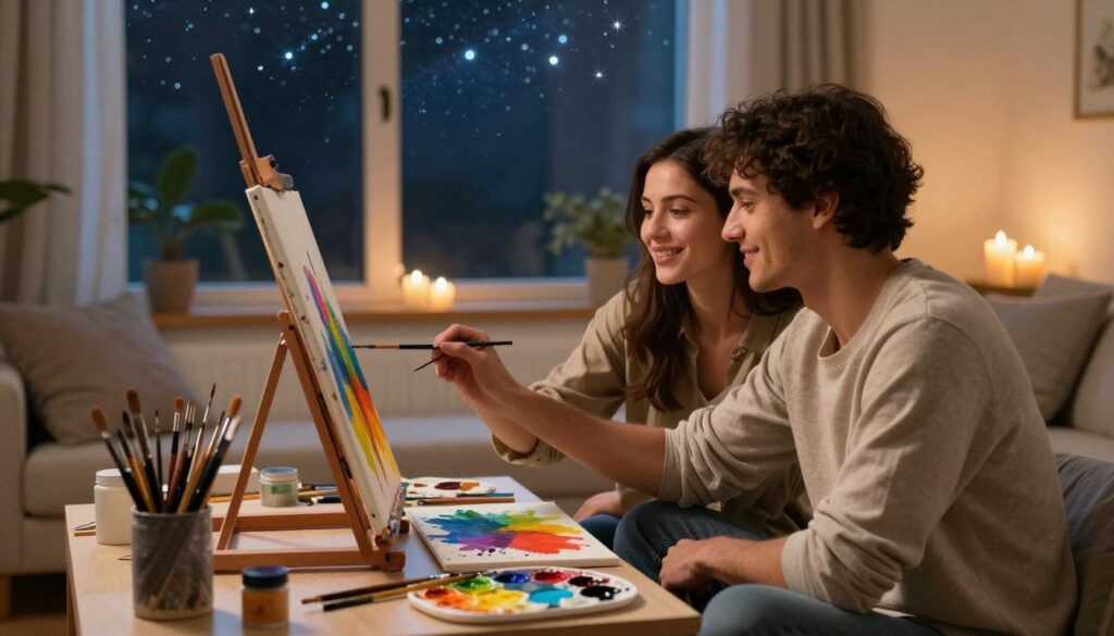 A cozy indoor scene showcasing a romantic evening art session between a couple. In the foreground, a table is adorned with vibrant paints, brushes, and a canvas depicting an abstract piece, with splashes of color evoking creativity. The couple, dressed in comfortable, casual attire, sits close together, engaged in painting, with smiles highlighting their connection. In the middle ground, a large window offers a glimpse of a starry night, with soft, warm lighting illuminating the space, creating an inviting atmosphere. In the background, soft pillows and candles add warmth and intimacy, enhancing the creative mood. The image captures the essence of artistic self-expression in a home setting, emphasizing togetherness and creativity.