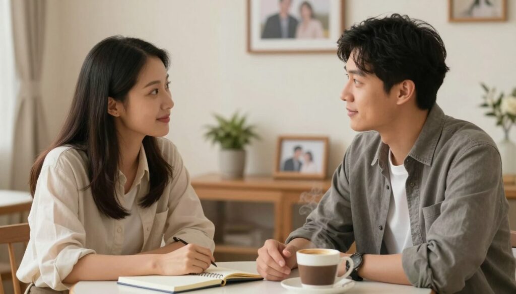 A cozy, intimate setting showcasing a couple sitting together at a small table, engaged in a deep conversation about their shared goals in a relationship. The foreground features the couple, dressed in smart casual attire, with expressions of focus and understanding. In the middle, a small notebook and a steaming cup of coffee are visible, symbolizing their collaboration and planning. The background includes soft, warm lighting that creates a relaxed atmosphere, with decorative elements like a plant and framed photos of their milestones together, emphasizing their commitment. The overall mood is hopeful and positive, illustrating the importance of shared objectives in strengthening their bond.