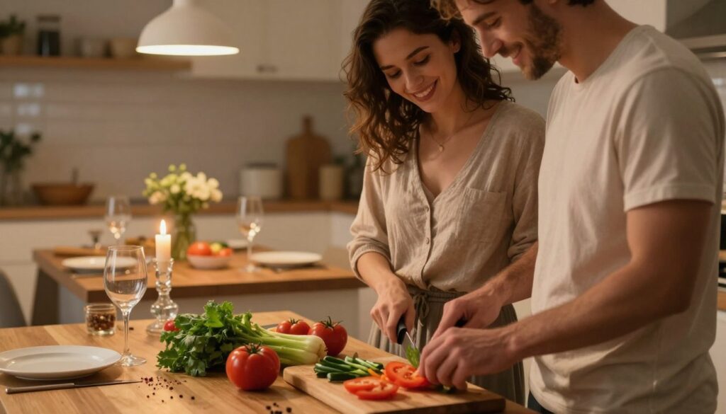 A cozy kitchen scene featuring a couple engaged in a friendly cooking session for a romantic dinner. In the foreground, two individuals, dressed in modest casual clothing, are happily chopping vegetables together, surrounded by colorful ingredients like fresh herbs, tomatoes, and spices on a wooden countertop. The middle ground reveals a flickering candle on a table set for dinner, with elegant plates and wine glasses waiting for the meal. In the background, soft lighting from warm pendant lights enhances the intimate atmosphere, creating a warm glow and shadows that add depth. The overall mood is cheerful and loving, conveying the joy of shared cooking as a way to build connections.