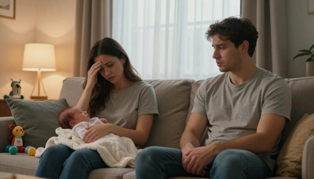 A cozy living room scene depicting a couple navigating the challenges of parenting after the birth of their child. In the foreground, the couple is seated on a comfortable couch, both dressed in modest casual clothing, looking slightly weary yet determined. The woman holds a baby blanket, while the man looks at her intently, conveying a sense of concern and empathy. In the middle ground, toys are scattered around, indicating the presence of a newborn, along with a softly illuminated lamp casting a warm glow. The background features a window with soft natural light filtering through sheer curtains, creating a serene yet contemplative atmosphere. The overall mood is one of intimate connection, highlighting the pressures of new parenthood while showcasing the importance of communication and support in their relationship.