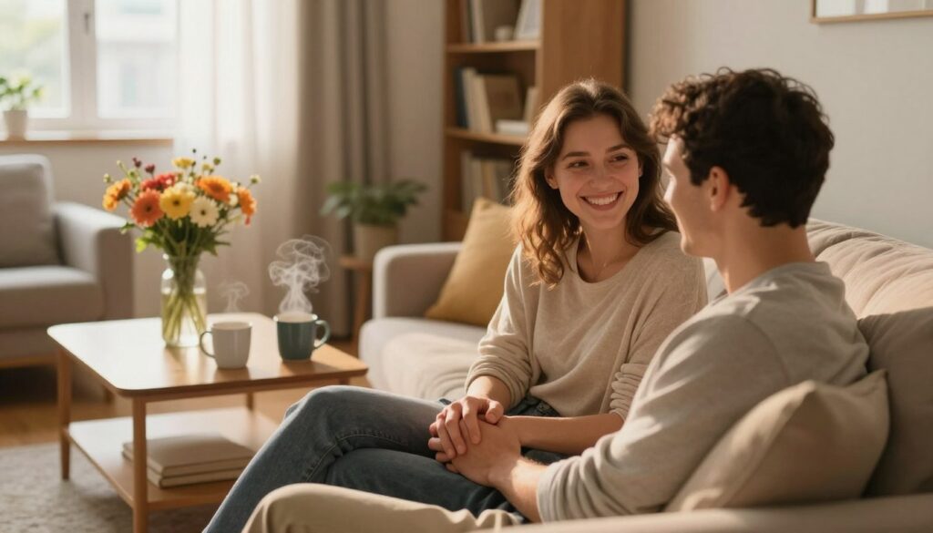 A cozy living room scene focusing on a couple enjoying a warm moment together, aimed at overcoming relationship routine. In the foreground, a couple sits on a soft, inviting couch, holding hands and sharing smiles, dressed in comfortable but modest casual clothing. In the middle background, a coffee table is adorned with a vase of vibrant flowers and two steaming mugs, symbolizing connection and warmth. In the background, a softly lit bookshelf and a window with gentle sunlight filtering through sheer curtains create an inviting atmosphere. The lighting is warm and soft, enhancing the feeling of intimacy and comfort. The overall mood is positive, emphasizing renewal and a fresh approach to closeness in relationships. The angle captures both the couple's expressions and the inviting details of the room.