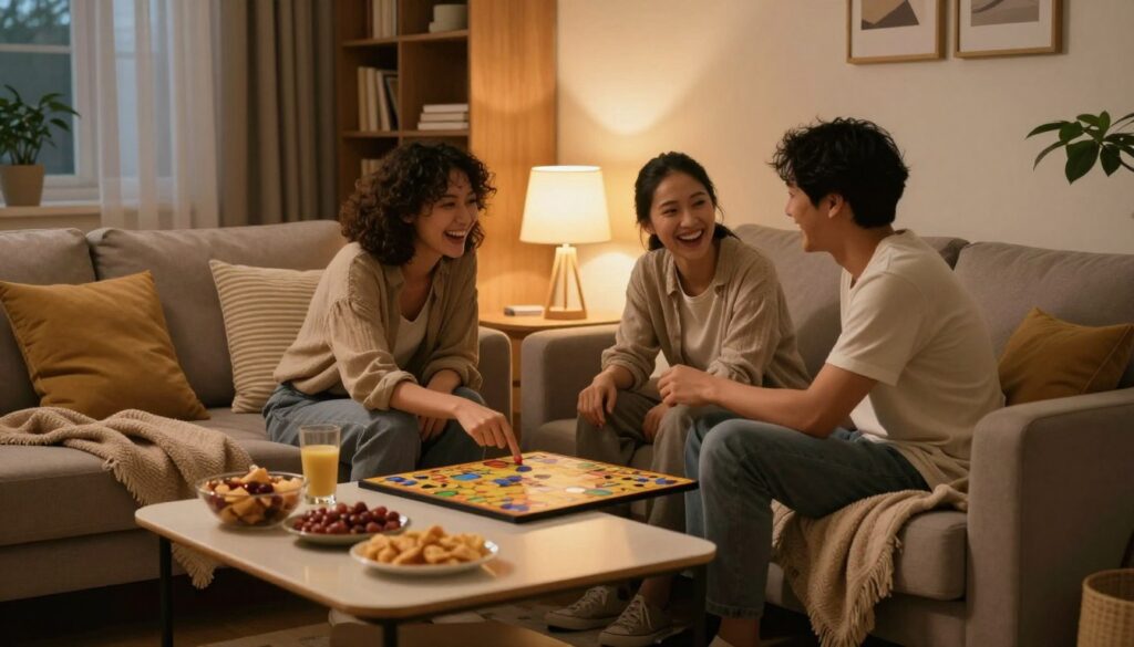 A cozy living room setting designed for a couple’s evening at home. Foreground features a plush sofa adorned with soft cushions and a warm blanket, where two people in modest casual attire are engaged in a board game, laughing and enjoying each other's company. The middle ground showcases a stylish coffee table with snacks and drinks, while a softly glowing table lamp casts a warm light, enhancing the intimate atmosphere. In the background, a bookshelf filled with books and a gentle indoor plant adds to the homey feel. The scene is intimate and inviting, depicting a relaxed evening in. The mood is lighthearted and joyful, with soft, ambient lighting that complements the warm color palette.