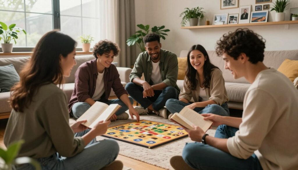 A cozy living room setting, where a diverse group of friends engages in various activities that strengthen their bonds. In the foreground, a woman and a man, dressed in casual yet smart clothing, share a book, smiling and discussing. Nearby, a couple of friends sit on the floor playing a board game, laughter lighting up their faces. In the background, a soft light filters through large windows, casting a warm glow over the space filled with plants and photographs that evoke memories. The scene is peaceful, fostering a sense of connection and warmth. Use soft, natural lighting to enhance the intimate atmosphere, with a slightly wide-angle lens to capture the entire scene and the camaraderie within it.