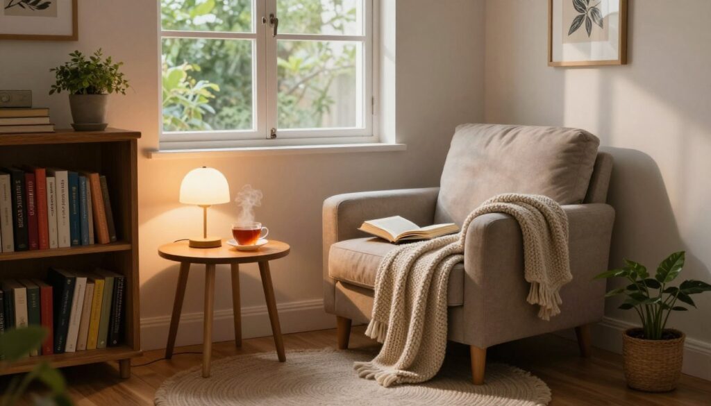 A cozy reading nook designed for a small space, featuring a plush armchair with a knitted throw blanket draped over it, beside a vintage wooden bookshelf filled with colorful books. A small, round side table holds a steaming cup of tea and a reading lamp emitting warm, soft light. The atmosphere is inviting, with a large window revealing a view of greenery outside, allowing natural light to flood the room. Soft shadows play on the walls, and a comfortable rug adds warmth to the wooden floor. Decor accents include potted plants and framed art on the walls, creating an intimate, tranquil environment perfect for reading and relaxation. The scene is captured with a slight angle, emphasizing depth and coziness.