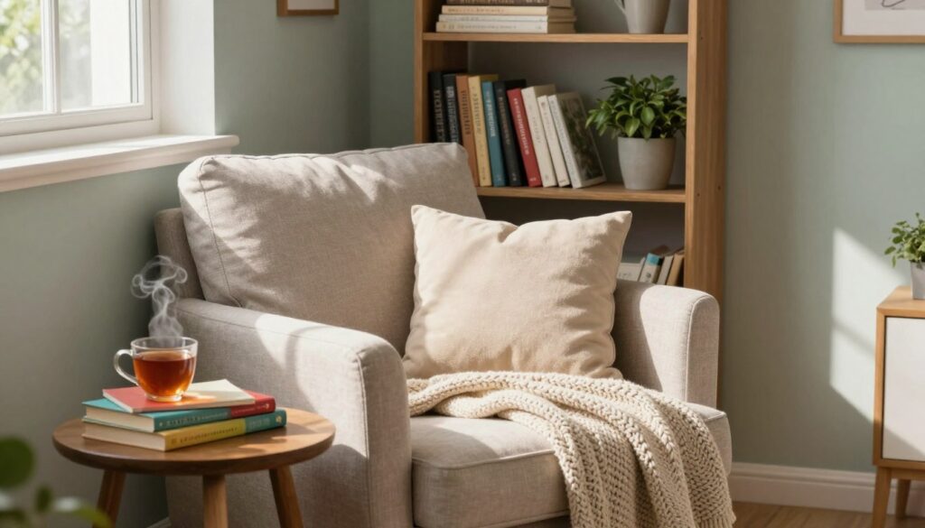 A cozy reading nook in a small space, featuring a comfortable armchair adorned with soft cushions and a warm, knitted blanket. A small wooden side table holds a steaming cup of tea and a stack of colorful books. In the background, a tall bookshelf filled with various books and a potted plant adds a touch of greenery. Soft, natural light streams in through a nearby window, casting gentle shadows and creating a serene atmosphere. The walls are painted in soft, calming colors, enhancing the inviting feel. The composition captures the essence of relaxation and warmth, perfect for an intimate reading experience.