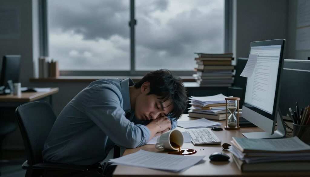A dimly lit office space, cluttered with papers and books, representing procrastination and lack of energy. In the foreground, a tired individual in professional attire sits slumped at a desk, staring blankly at a computer screen, with messy notes strewn around. The middle ground features a coffee cup tipped over, spilling cold coffee, and an hourglass nearly running out of sand, symbolizing lost time. In the background, a window with dreary gray clouds outside adds to the atmosphere of lethargy. Soft, diffused lighting creates a somber mood, emphasizing feelings of exhaustion and distraction. The image conveys a deep sense of struggle against procrastination, with a focus on psychological fatigue.