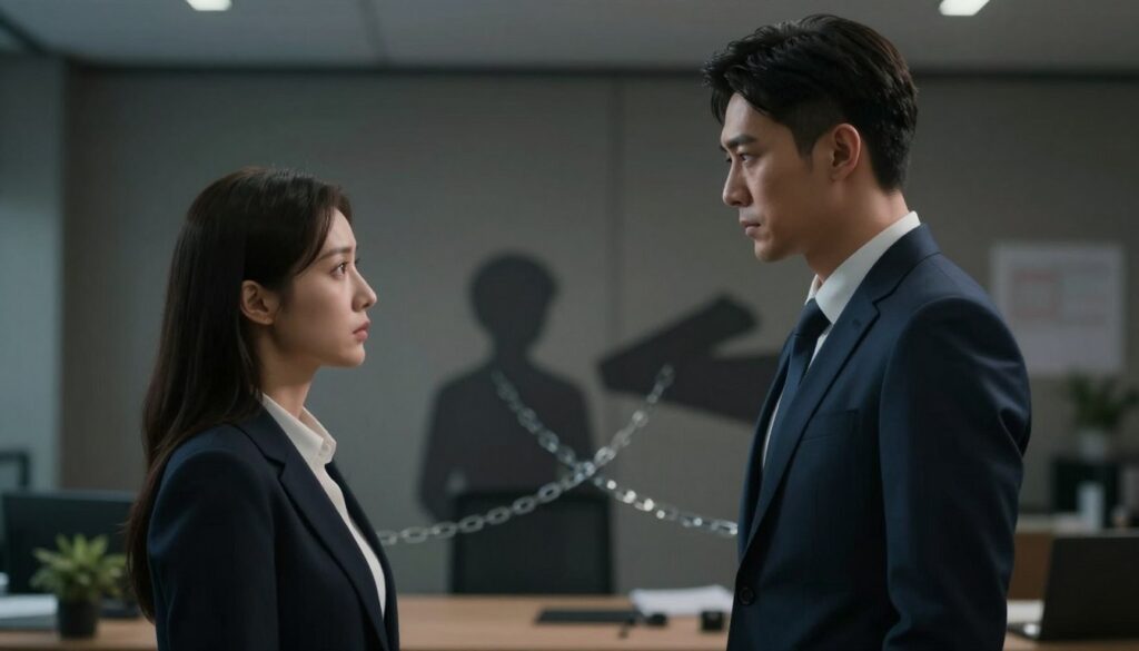 A dramatic depiction of control and manipulation within a relationship. In the foreground, two figures face each other; one, a man in a sharp business suit, embodies confidence and dominance, while the other, a woman in professional attire, appears hesitant and introspective, symbolizing vulnerability. The middle ground features abstract shapes and shadows that suggest tension and entrapment, with entwined chains subtly representing manipulation. The background is blurred but hints at a dimly lit office environment, conveying a sense of isolation and ambiguity. Soft, moody lighting enhances the emotional stakes, creating stark contrasts on the subjects' faces. A low-angle perspective emphasizes the man's imposing presence, while a depth of field draws focus on their interactions, illustrating the intricacies of power dynamics in personal relationships.