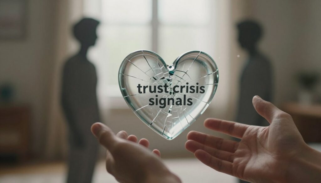 A metaphorical representation of "trust crisis signals" in a relationship, featuring a close-up of a broken heart made of glass, with cracks visibly spreading across its surface. In the foreground, a pair of hands are gently reaching out toward the heart, displaying concern and longing. In the middle ground, abstract shadows of two figures positioned apart, symbolizing emotional distance, with soft, blurred outlines to denote uncertainty. The background should depict a serene, muted room with soft natural light pouring in through a window, contributing to a somber yet hopeful atmosphere. The overall mood should evoke feelings of vulnerability and the desire for connection, captured with a warm color palette, emphasizing the emotional weight of the subject. Use a shallow depth of field to focus on the heart and hands prominently.