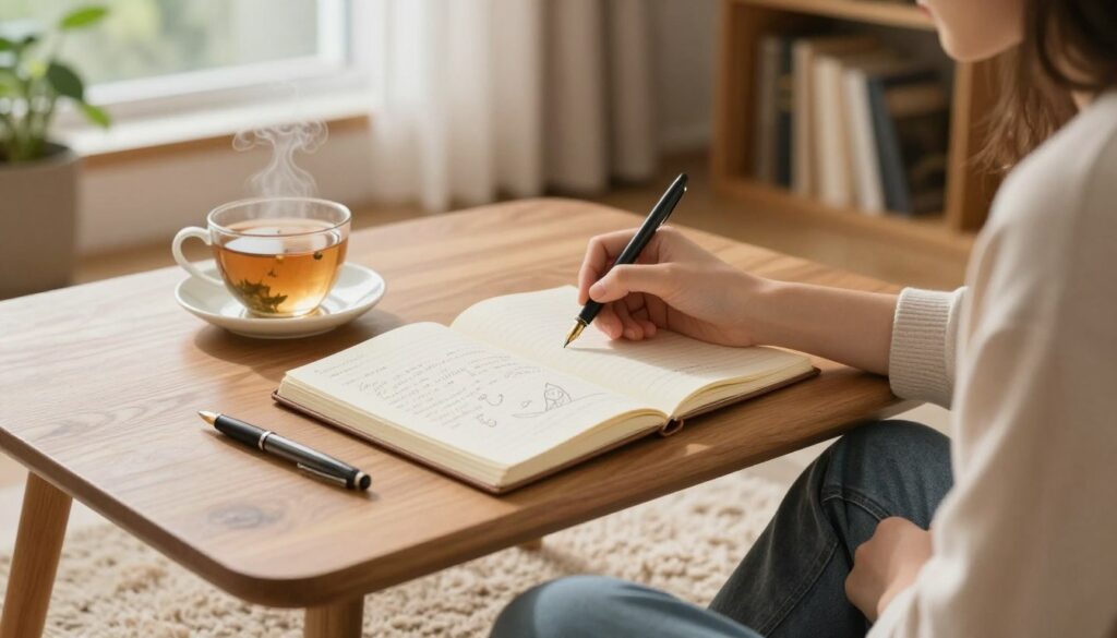 A peaceful scene depicting a cozy journaling setting, featuring a soft wooden table with an open journal, a fountain pen, and a steaming cup of herbal tea. The journal is filled with gentle handwritten notes and sketches reflecting emotions. In the foreground, a person, dressed in comfortable, modest casual clothing, sits cross-legged on a plush rug, deeply engaged in writing, with a serene expression on their face. In the background, warm natural light filters through a window adorned with light curtains, illuminating potted plants and bookshelves, creating a tranquil and inviting atmosphere. The overall mood is calming and encouraging, emphasizing a pressure-free approach to journaling, inviting the viewer to find joy and solace in self-expression.