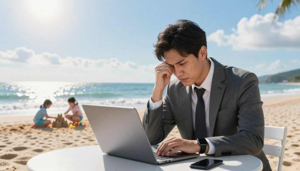 A person in professional attire sits at a beachside table, looking stressed while working on a laptop. The foreground features a colorful beach with soft sand and gentle waves lapping at the shore. In the middle ground, a distant family enjoys a carefree day, building sandcastles and playing games, highlighting the contrast of leisure against the subject's tension. The background reveals the bright blue sky with fluffy white clouds and the sun shining down, casting warm, inviting light. The atmosphere evokes a sense of entrapment in the digital world, with subtle hints of technology, like a smartphone and a smartwatch on the table, emphasizing the struggle to disconnect. The angle should capture the person’s furrowed brow against the serene beach backdrop, creating a juxtaposition of stress and relaxation.
