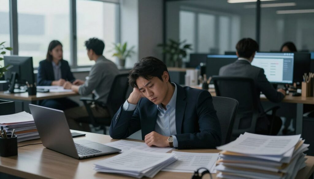 A professional office setting, dimly lit with natural light filtering through large windows, casting a soft glow on a cluttered desk. In the foreground, a weary employee in a smart-casual outfit sits slumped in their chair, surrounded by piles of paperwork and an open laptop displaying an overwhelming number of emails. Their expression reflects exhaustion and disconnect, portraying the emotional toll of burnout. In the middle ground, coworkers can be seen in the background, engaged in tense discussions, further emphasizing a high-pressure environment. The atmosphere is heavy and somber, evoking feelings of stress and fatigue, but with a subtle hint of hopefulness in the brightness of the windows, indicating a potential way out of the darkness.