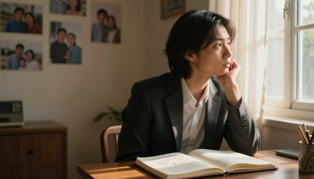 A reflective moment in a serene, softly lit room that symbolizes the weight of past mistakes. In the foreground, a thoughtful individual, dressed in professional business attire, gazes out a window, their expression contemplative and slightly melancholic. On the table beside them, an open journal filled with handwritten notes and sketches, representing memories of past arguments. The middle ground features blurred family photos on the wall, creating a sense of nostalgia and history. In the background, gentle sunlight filters through sheer curtains, casting warm, inviting shadows. The mood is introspective yet hopeful, capturing the struggle of letting go of past grievances to foster understanding and healing in relationships. Focus on warm tones and soft lighting for an inviting atmosphere.