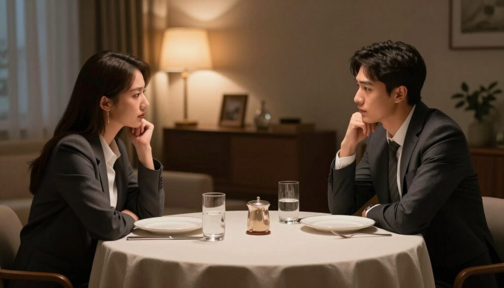 A serene and contemplative scene capturing the essence of avoiding difficult conversations in relationships. In the foreground, a thoughtfully arranged table set for two, with soft, neutral-colored tablecloth and elegant dinnerware, symbolizing intimacy yet emphasizing the underlying tension of unsaid words. In the middle, a pair of individuals seated at the table, dressed in professional business attire, appearing engaged in light conversation but with subtle expressions of hesitation on their faces, mirroring the theme of avoidance. In the background, a cozy yet dimly lit room adorned with warm lighting, featuring soft shadows that evoke a sense of introspection. The overall mood is one of quiet contemplation, illustrating the complex dynamics of discussing challenging topics.