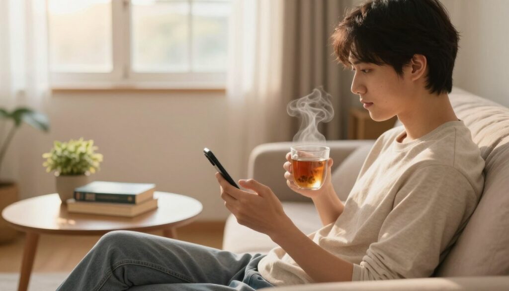A serene and cozy indoor scene highlighting the concept of digital detox. In the foreground, a young adult sits peacefully on a comfortable couch, dressed in soft, modest casual clothing, holding a closed smartphone in one hand, and a steaming mug of herbal tea in the other. The middle ground features a small wooden coffee table adorned with a few books and a potted plant, symbolizing a retreat from screens. In the background, a softly lit room with warm hues, large windows letting in gentle golden sunlight, and curtains slightly swaying, creates a calm and inviting atmosphere. The overall mood is tranquil and reflective, evoking a sense of balance and relaxation, emphasizing the theme of disconnecting from digital devices.