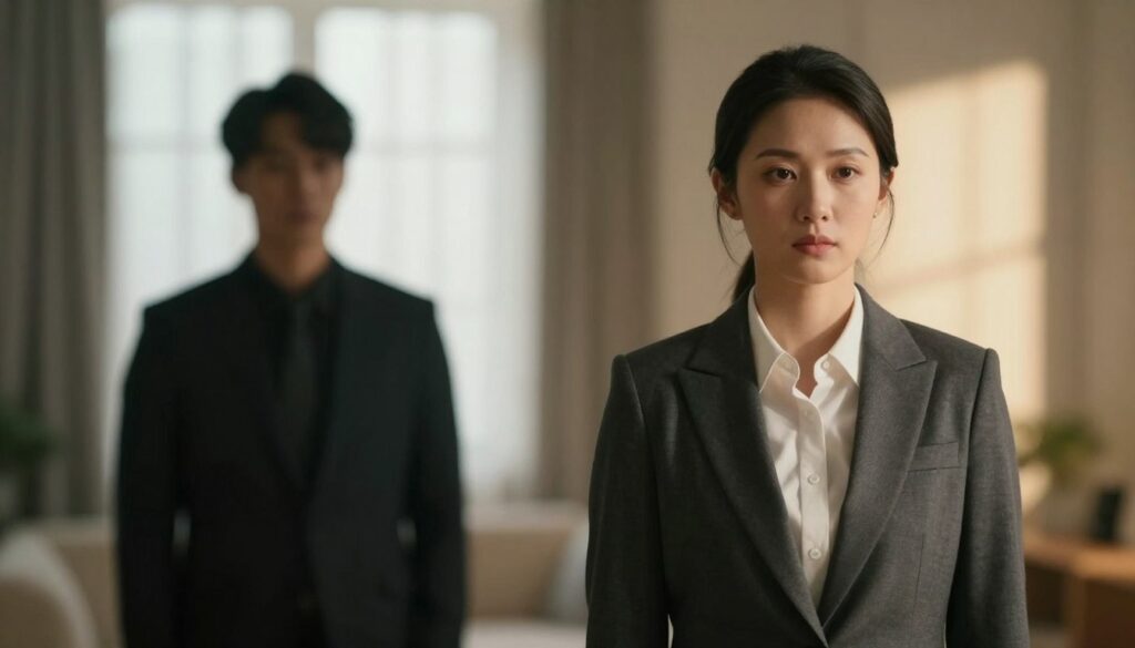 A serene and empowering scene depicting personal boundaries in a relationship with a narcissist. In the foreground, a confident individual stands upright with a clear, focused expression, dressed in professional business attire. Their body language exudes strength and composure, symbolizing the act of setting boundaries. In the middle ground, a shadowy figure represents the narcissistic personality, slightly blurred to enhance the contrast between strength and manipulation. The background features a soft, softly lit room with calming colors, suggesting a safe space. Gentle natural light filters through a window, casting warm tones and creating an atmosphere of tranquility and resilience. The overall mood is one of empowerment and clarity, illustrating the importance of establishing healthy boundaries in relationships.