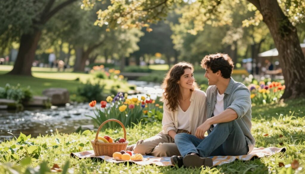 A serene and intimate scene depicting the essence of "quality time" in a relationship. In the foreground, a couple dressed in comfortable yet stylish casual clothing sits together on a picnic blanket, sharing a heartfelt moment as they enjoy a picnic in a lush park setting. The middle ground features vibrant greenery, colorful flowers, and a gently flowing stream, enhancing the sense of tranquility. In the background, tall trees cast dappled sunlight, creating a warm and inviting atmosphere. The soft lighting highlights the couple's smiling faces, conveying joy and connection. Use a shallow depth of field to focus on the couple while gently blurring the surroundings, evoking a sense of dreaminess and romance. Capture the peaceful mood, emphasizing the beauty of shared experiences in a loving relationship.