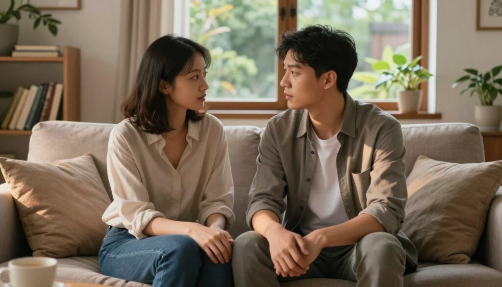 A serene and intimate setting illustrates the concept of empathy in a relationship. In the foreground, a couple sits closely together on a comfortable sofa, engaged in a calm conversation. They are dressed in smart, casual attire, reflecting a warm, approachable environment. Their expressions are attentive and understanding. In the middle ground, soft lighting highlights their features, casting gentle shadows that enhance the mood of connection and harmony. Surrounding them are subtle elements of a cozy living room—books on a shelf, plants for a touch of nature, and soft cushions. In the background, a window shows a tranquil garden view, symbolizing openness and growth. The overall atmosphere is peaceful and inviting, emphasizing the importance of empathy in understanding a partner's perspective.