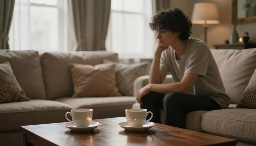 A serene and intimate setting illustrating the concept of emotional and sexual expectations within a relationship. In the foreground, a thoughtfully arranged coffee table with two cups, subtle light glinting off their surfaces, symbolizing open communication. In the middle ground, a cozy, elegantly decorated living space with soft, warm lighting creating a welcoming atmosphere. A plush, inviting couch is adorned with cushions, suggesting comfort and vulnerability. In the background, large windows with sheer curtains allow gentle daylight to filter through, enhancing the feeling of intimacy. The overall mood is warm, reflective, and inviting, encouraging personal connection and understanding. No human figures are present, focusing instead on the environment that fosters deep conversations about intimacy.