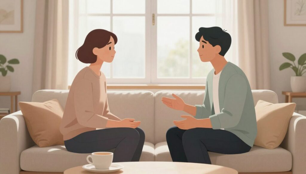 A serene and inviting scene depicting two abstract human figures representing partners, engaged in open and honest communication about love languages. The foreground features a cozy, softly lit living room with comfortable furniture. The middle layer highlights the figures, one wearing smart casual attire and the other in business casual, both exuding warmth and empathy. The background showcases a window with gentle sunlight streaming in, illuminating the space with a warm glow, creating an atmosphere of relaxation and understanding. The color palette incorporates soft pastels, emphasizing a sense of calm and connection. The overall mood is one of harmony and clarity, inviting the viewer to reflect on the intricacies of communication in relationships.