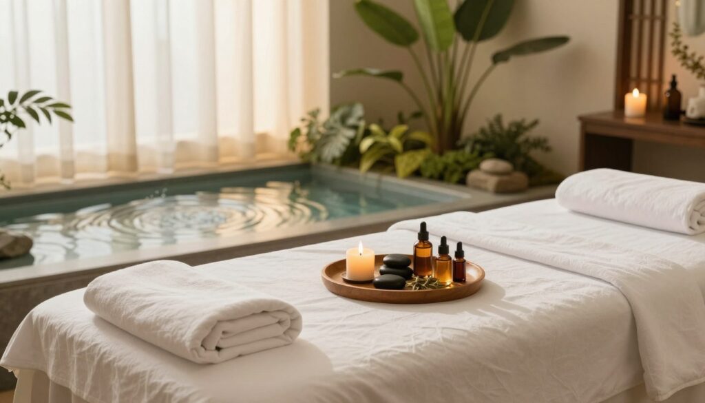 A serene and inviting scene illustrating relaxation and regeneration. In the foreground, a luxuriously arranged spa setting features a plush massage table adorned with soft, crisp white linens and a selection of aromatic oils. Centered, there’s a small wooden tray with a lit candle, stones, and herbal infusions. The middle ground includes a tranquil indoor water feature with gentle ripples and lush green plants, adding a touch of nature. In the background, soft natural light filters through sheer curtains, casting a warm, golden glow. The atmosphere is calm and peaceful, designed to evoke a sense of tranquility and rejuvenation, perfect for a gift presentation. The overall composition is harmonious, reflecting peaceful energy and well-being.