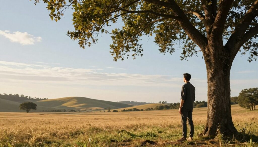 A serene and spacious outdoor scene depicting the concept of "freedom and personal space." In the foreground, a man dressed in a smart casual outfit stands thoughtfully beside a large, leafy tree, symbolizing strength and stability. He gazes out towards a wide-open field bathed in warm golden sunlight, hinting at a sense of peace and individuality. The middle ground features gentle hills and a few distant trees, emphasizing openness and tranquility, while the background showcases a soft blue sky with wispy clouds, creating an inviting atmosphere. The lighting is soft and warm, casting gentle shadows that enhance the sense of calm and freedom. The overall mood is one of contemplation and liberation, perfectly capturing the essence of personal space.