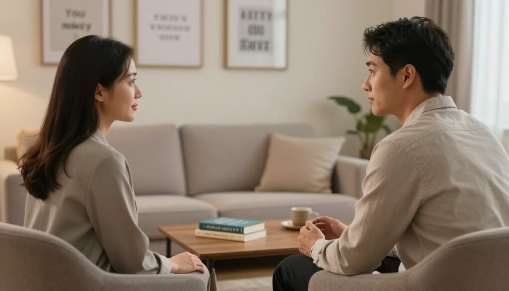 A serene and supportive scene depicting a couple engaging in a deep conversation in a cozy living room. In the foreground, a woman dressed in professional casual attire sits across from a man, who is attentively listening, showing empathy and understanding. A warm light fills the space, creating an inviting atmosphere that symbolizes hope and connection. In the middle ground, a small coffee table holds inspiring books about sobriety and recovery, reinforcing the theme of support. The background features soft, neutral-colored walls adorned with motivational quotes framed in simple designs. The mood is calm and encouraging, emphasizing trust, partnership, and the journey toward sobriety without co-dependency. Use a soft focus to enhance emotional warmth in the image.