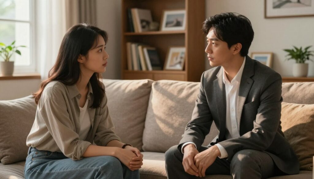 A serene and supportive scene illustrating emotional communication between two individuals in a cozy living room. In the foreground, a woman in casual, modest attire sits on a sofa, looking attentively at her partner, who is seated beside her, dressed in professional business attire. Both are engaged in a heartfelt conversation, their expressions reflecting empathy and understanding. Soft, warm lighting filters in through a nearby window, casting gentle shadows that evoke a calm atmosphere. In the background, a bookshelf filled with books and framed pictures creates a homely feel, while a plant adds a touch of nature. The overall mood is intimate and reassuring, showcasing the importance of mindful communication during difficult times.