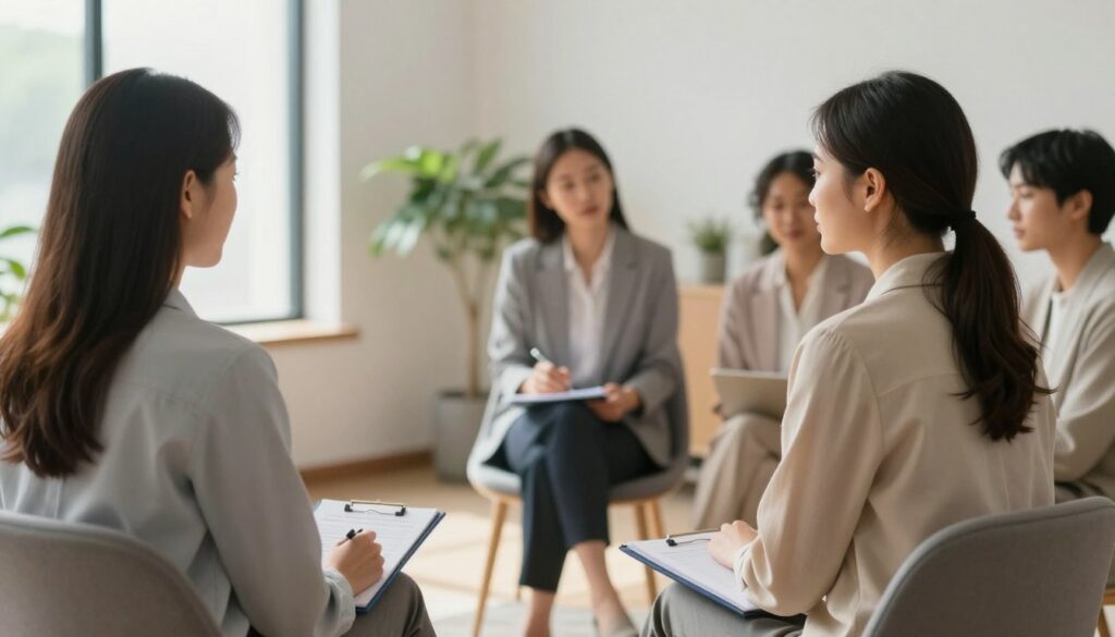 A serene and supportive scene in a modern office setting, depicting a diverse group of professionals engaged in a counseling session. In the foreground, a caring therapist, wearing professional business attire, listens attentively to a client sitting across from her. The middle ground shows another therapist taking notes, while a soothing indoor plant adds a touch of nature. The background features large windows flooded with natural light, creating a warm and inviting atmosphere. Soft, neutral colors dominate the space, enhancing the mood of tranquility and hope. The image captures the essence of professional support in recovery from burnout, emphasizing connection and empathy without any text or distractions.
