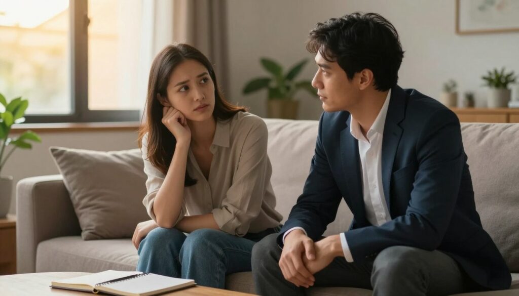 A serene and thoughtful scene depicting a couple in a cozy, well-lit living room, sitting comfortably on a soft, inviting sofa. The woman, dressed in modest casual clothing, is holding her chin thoughtfully, demonstrating a contemplative expression. The man, in professional business attire, looks at her with a gentle and understanding gaze. In the background, a warm glow from a window reflects the afternoon light, creating a peaceful atmosphere. Subtle elements like a coffee table with a notebook, indicating discussion, and a few plants for a touch of nature add depth. The mood is one of introspection and connection, capturing the essence of challenging negative thoughts about a partner in a constructive way. The angle focuses on the couple's expressions, emphasizing their emotional connection and openness.