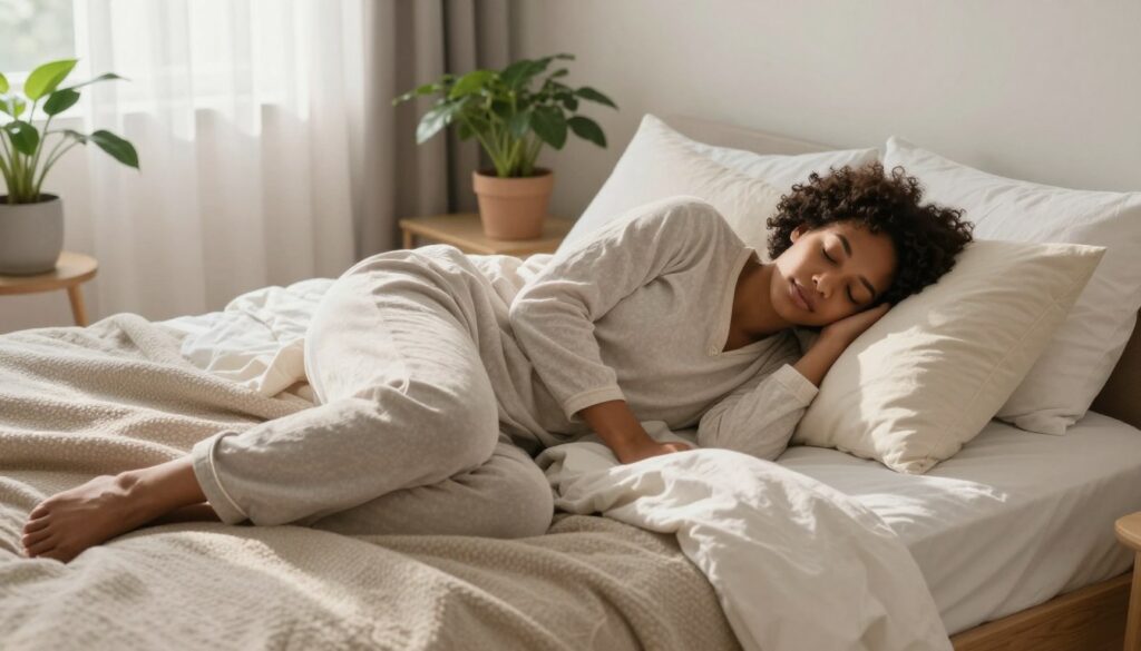A serene bedroom setting bathed in soft morning light, with a peaceful atmosphere that conveys restful sleep and rejuvenation. In the foreground, a neatly made bed adorned with plush pillows and soft blankets invites relaxation. In the middle ground, a person of diverse ethnicity, dressed in comfortable loungewear, is peacefully asleep, showcasing the importance of rest for recovery. The background features calming elements such as potted plants and gentle sunlight filtering through sheer curtains, enhancing the feeling of tranquility. The scene is captured from a slightly elevated angle, emphasizing the cozy layout, and the overall mood is serene and restorative, suitable for illustrating the significance of sleep in the body's recovery process.