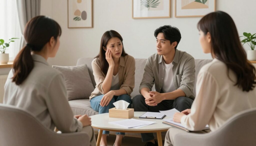 A serene counseling room with soft, warm lighting, featuring a comfortable yet professional setup. In the foreground, a gentle, empathetic therapist, a middle-aged woman dressed in smart casual attire, sits across from a couple in their thirties. The woman appears anxious, while the man listens attentively, both exhibiting open body language that suggests a willingness to communicate. In the middle, a round table displays a few papers and a box of tissues, symbolizing vulnerability and support. The background has calming artworks and indoor plants, creating a peaceful atmosphere. The image evokes a sense of trust, intimacy, and the importance of seeking professional help in relationships.