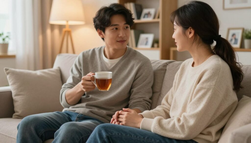 A serene, cozy living room scene depicting a couple sitting together on a comfortable couch, engaged in a tender conversation while holding warm mugs of tea. The foreground features their hands gently touching, symbolizing connection amidst the routine. In the middle, the couple—a man and a woman—are dressed in casual but somewhat stylish clothing, embodying comfort and intimacy. The background shows soft, ambient lighting from a nearby lamp, creating a warm and inviting atmosphere with bookshelves and personal photos adding a sense of familiarity. The overall mood is peaceful and reflective, emphasizing the naturalness of routine in relationships and the importance of intimacy in overcoming it.